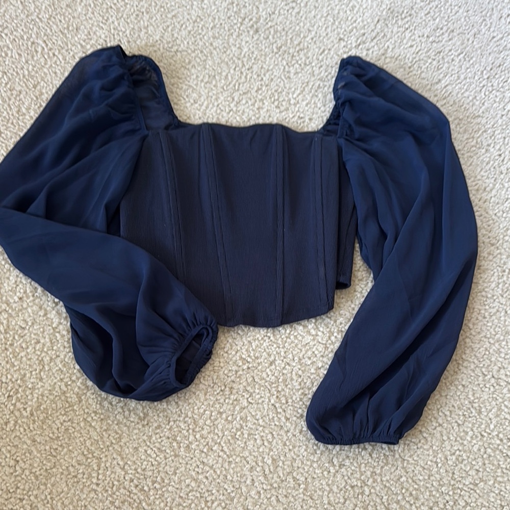 Navy Blue Puff Sleeve Bustier Blouse